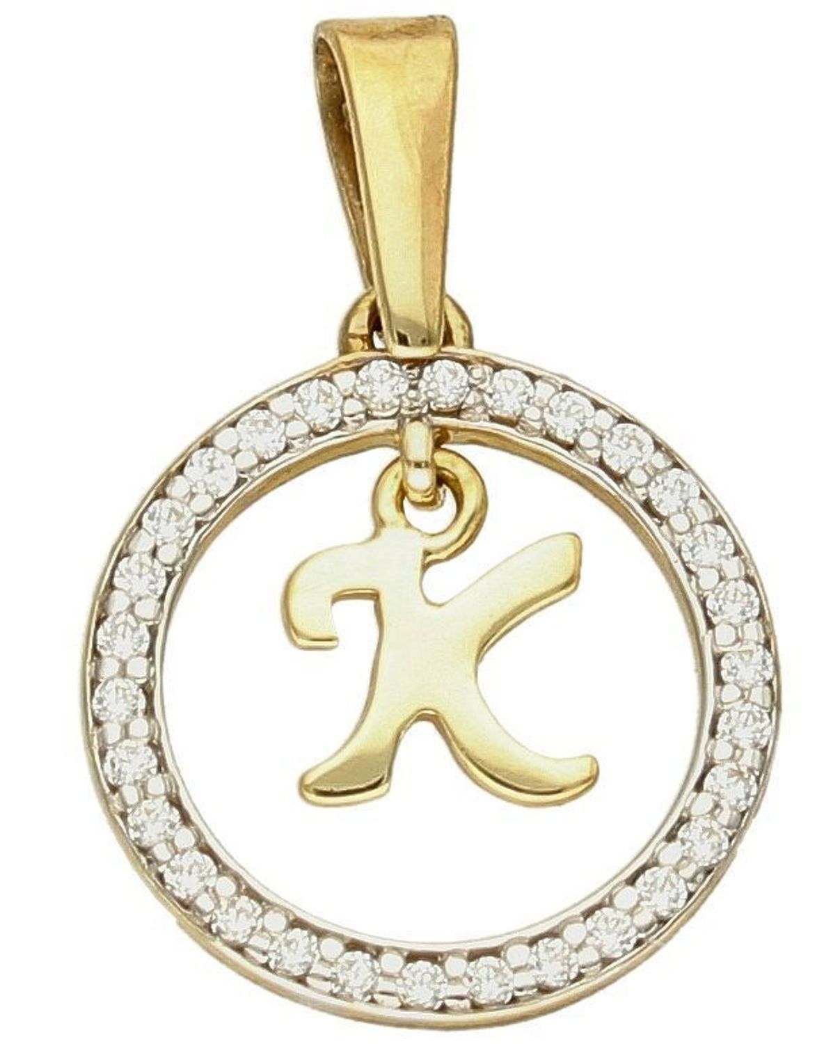 Złota zawieszka 333 literka K w kółeczku ozdobionym cyrkoniami Z-441 K. Piękny, złoty wisiorek o ciekawym wzorze wykonany z żółtego złota próby 333. Personalizowana zawieszka to doskonały pomysł na prezent dla każdej kobiety..jpg